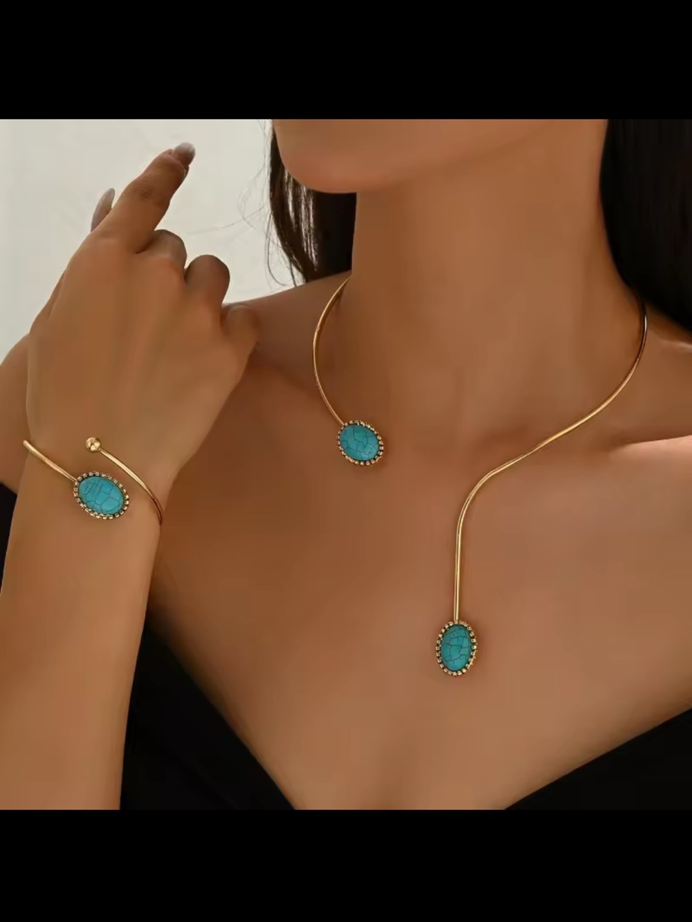 Gold Open Necklace and Bracelet Set with Turquoise Stones